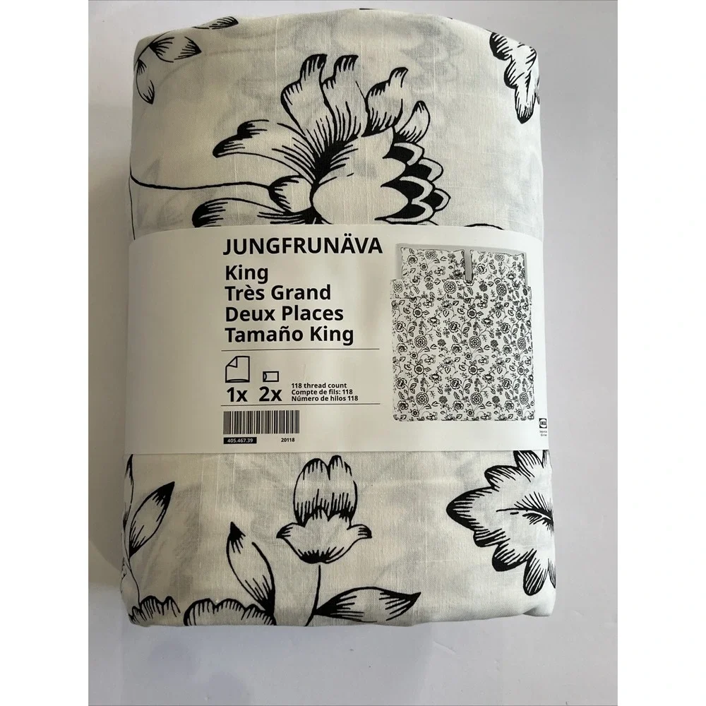 Ikea JUNGFRUNAVA King Duvet Cover + 2 Pillowcases Set White/Gray Floral